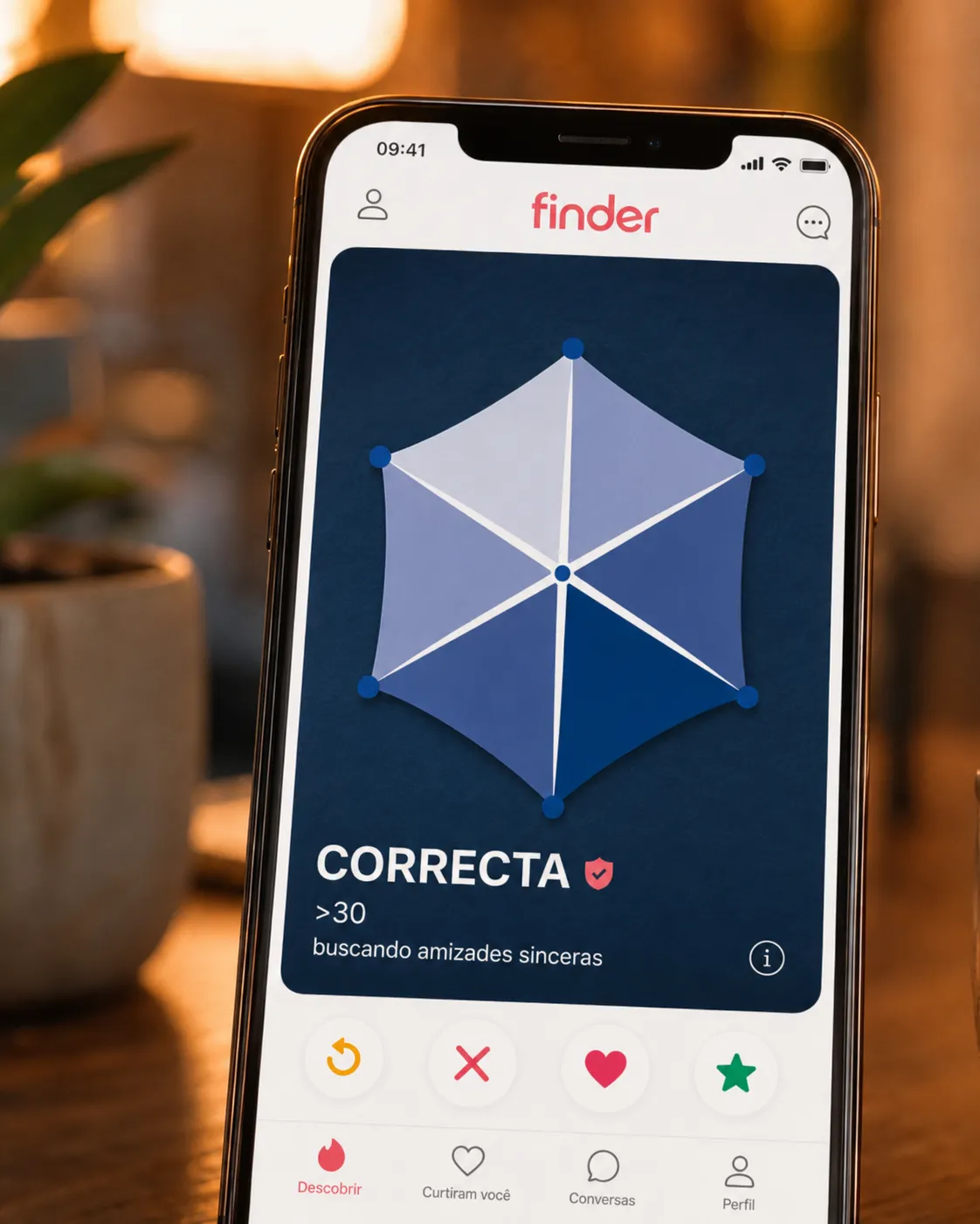 Celular exibindo o aplicativo CORRECTA com o ícone hexagonal da marca em destaque